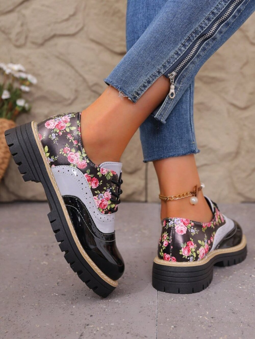 Black Preppy Women's Floral Patchwork Buckle Faux Leather Platform Penny Loafers